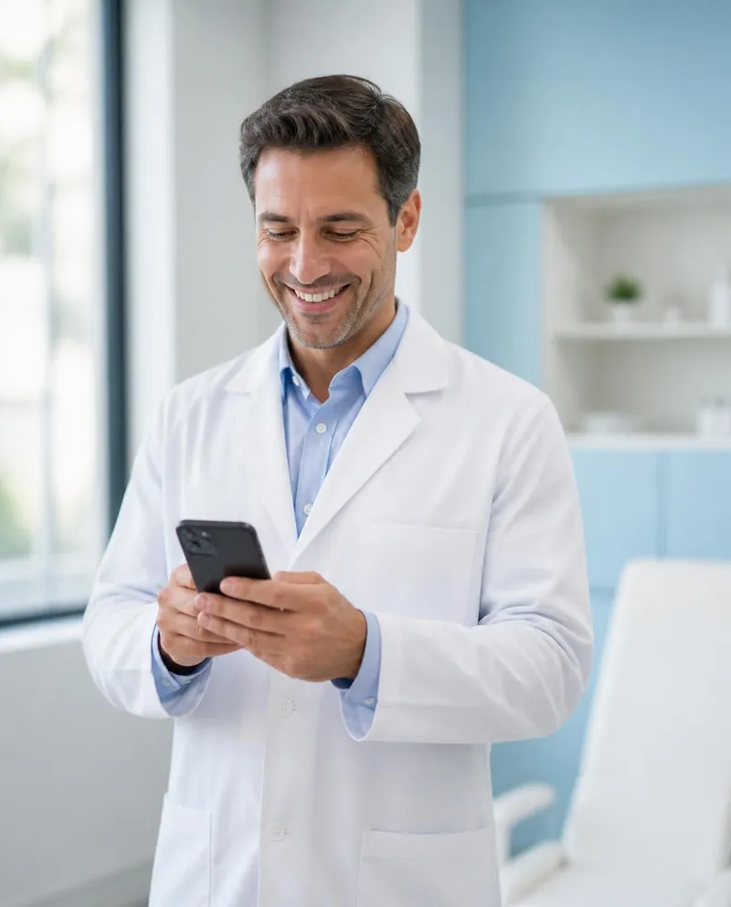 Médico de jaleco branco sorrindo enquanto olha o celular no consultório